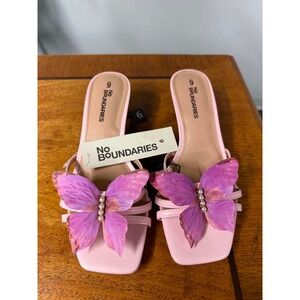 No Boundaries Womens 6 Pink Butterfly Kitten Heel Sandals Square Toe Mules 1616